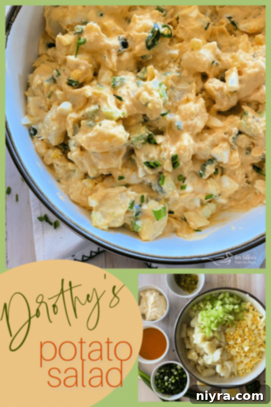 A completed bowl of Dorothy's Potato Salad with a serving spoon, garnished with chives.