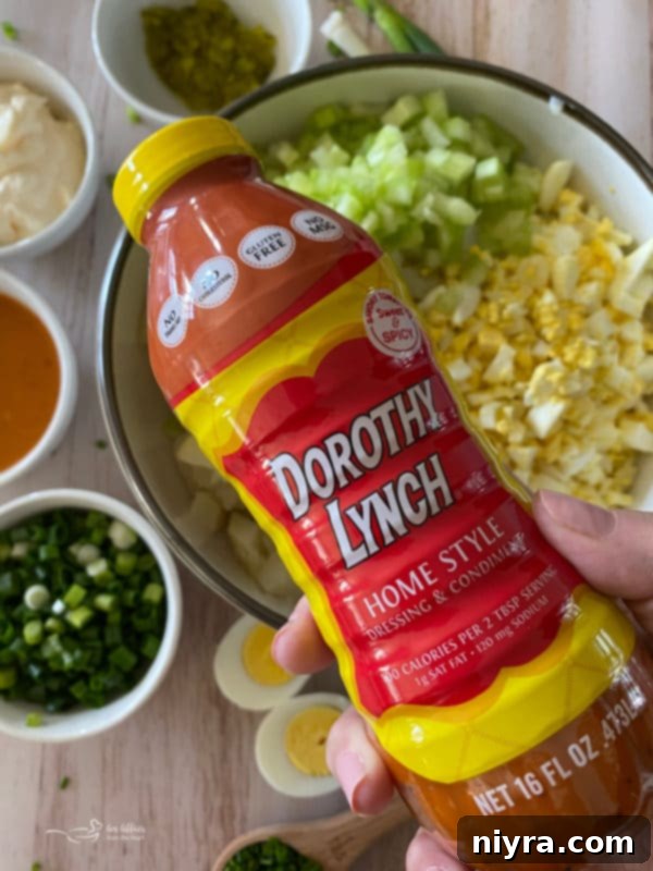 A close-up shot of a creamy, sweet and tangy salad dressing, presumably Dorothy Lynch.