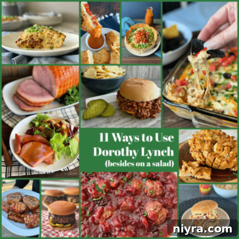 A collage of various recipes featuring Dorothy Lynch dressing, including sandwiches, dips, and main courses.