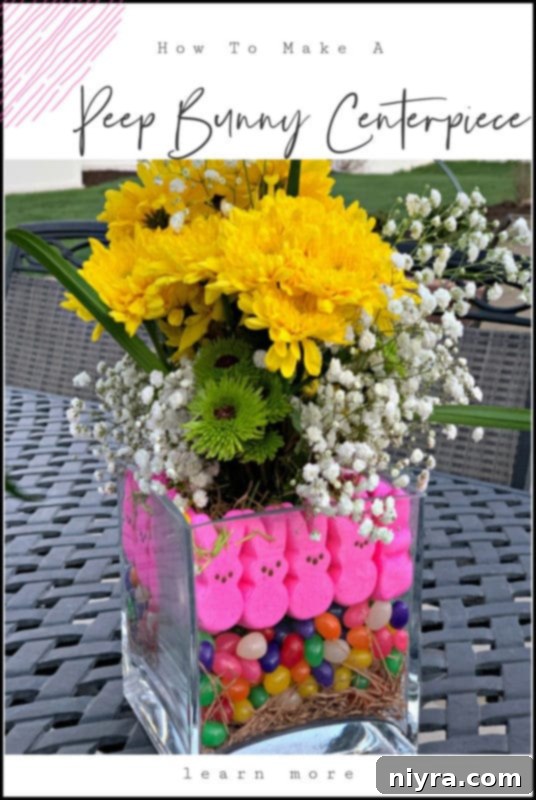 Close-up of a Peep centerpiece showcasing fresh flowers