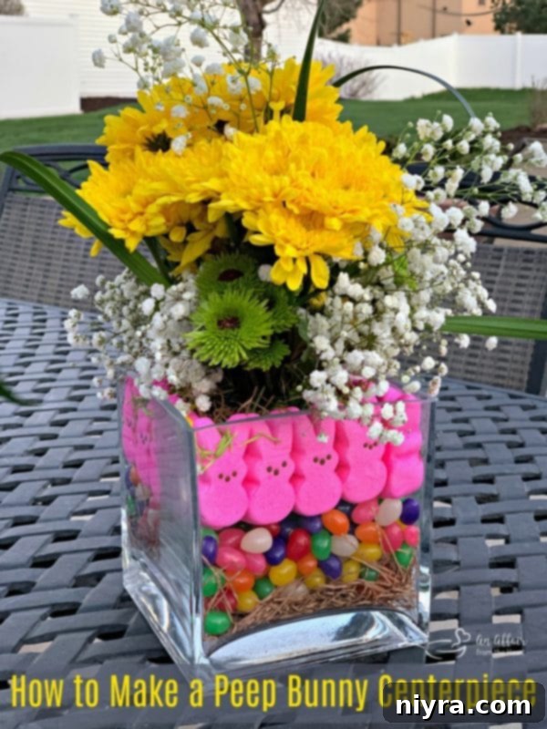 Close-up of a completed Easter Peep Centerpiece ready for display