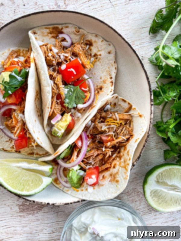 Three perfectly stuffed tortillas with slow cooker cilantro lime pork, ready to be garnished and enjoyed as delicious tacos.