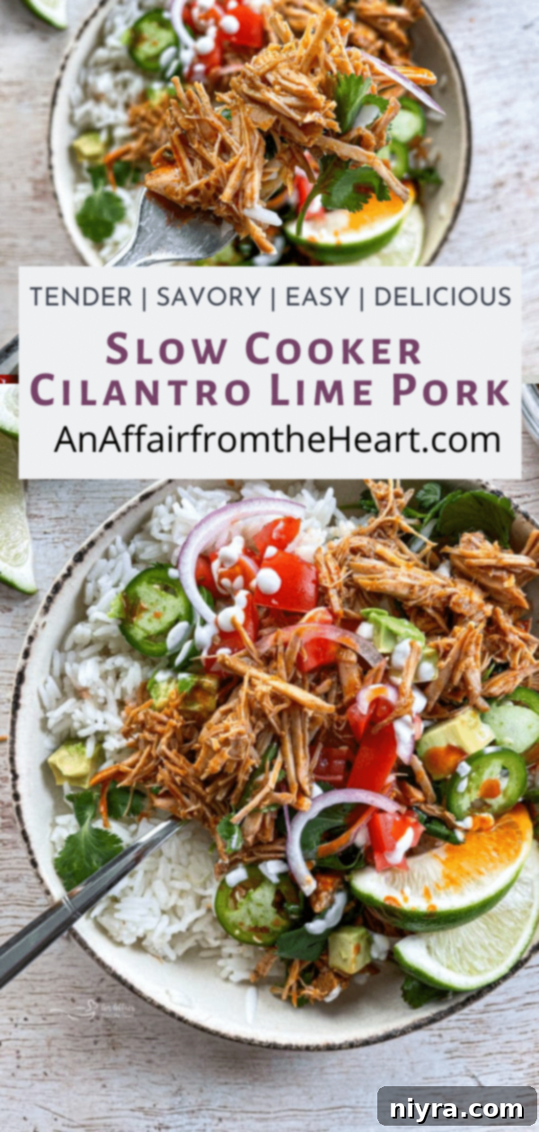 Pinterest graphic featuring a tantalizing image of Slow Cooker Cilantro Lime Pork, designed for sharing and saving on Pinterest.