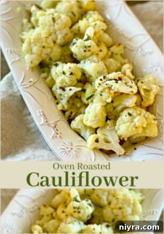 Crispy Roasted Cauliflower 7 Roasted cauliflower served in a bowl, with a recipe title overlay for Pinterest.