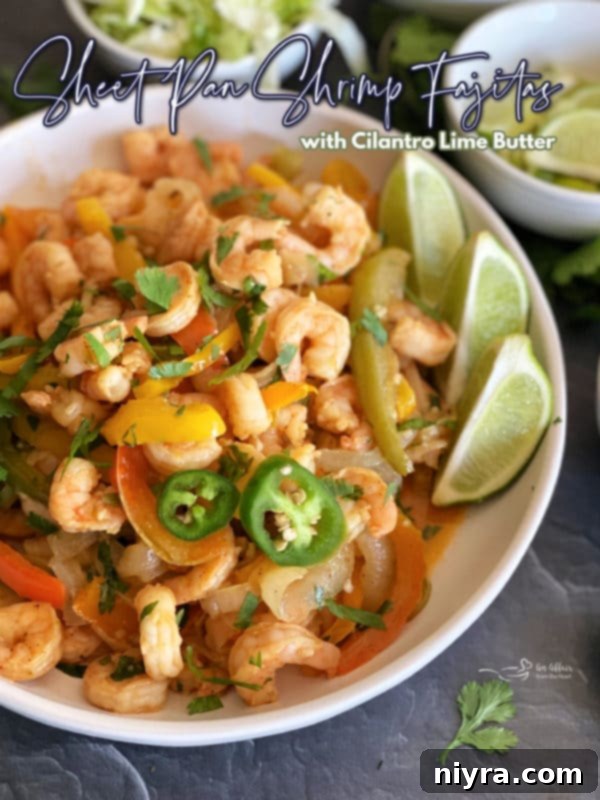 One Pan Shrimp Fajitas with Zesty Cilantro Lime Butter 15 Close-up of freshly cooked Sheet Pan Shrimp Fajitas with Cilantro Lime Butter