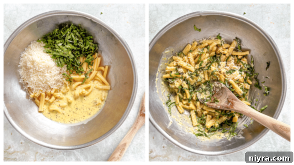 Mixing pasta with lemon basil dressing