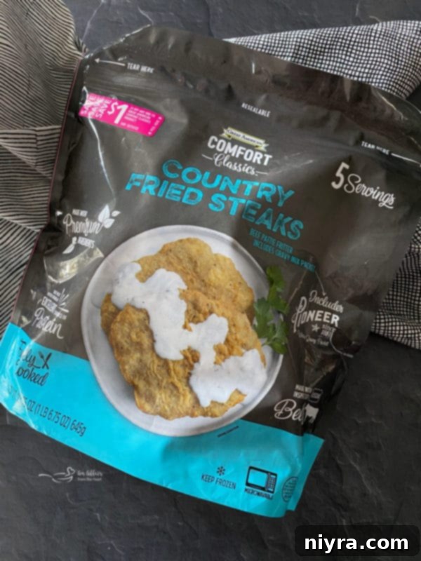 Golden Corn Bake 5 Close-up of a package of Great American Comfort Classics Country Fried Steaks, highlighting convenience.