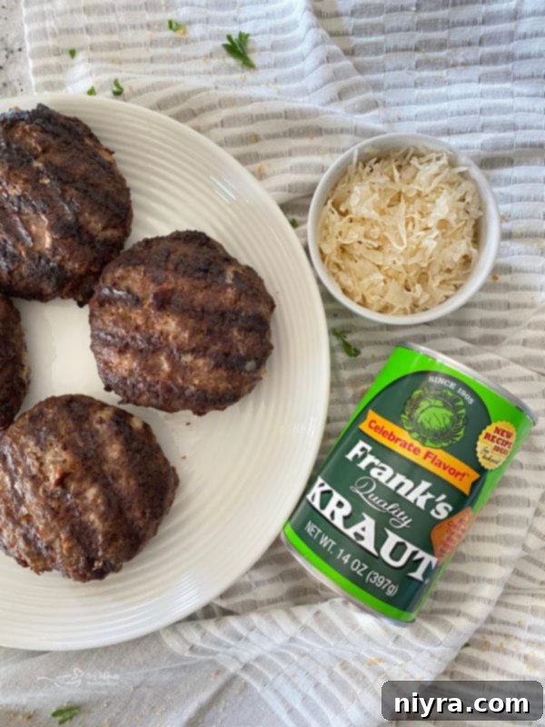 Close up of a grilled Swiss Cheese Krautburger