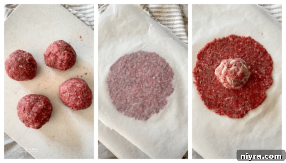 Kraut and cheese meatballs placed on flattened beef patties