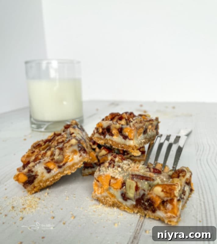 front view of stack of seven layer cookies