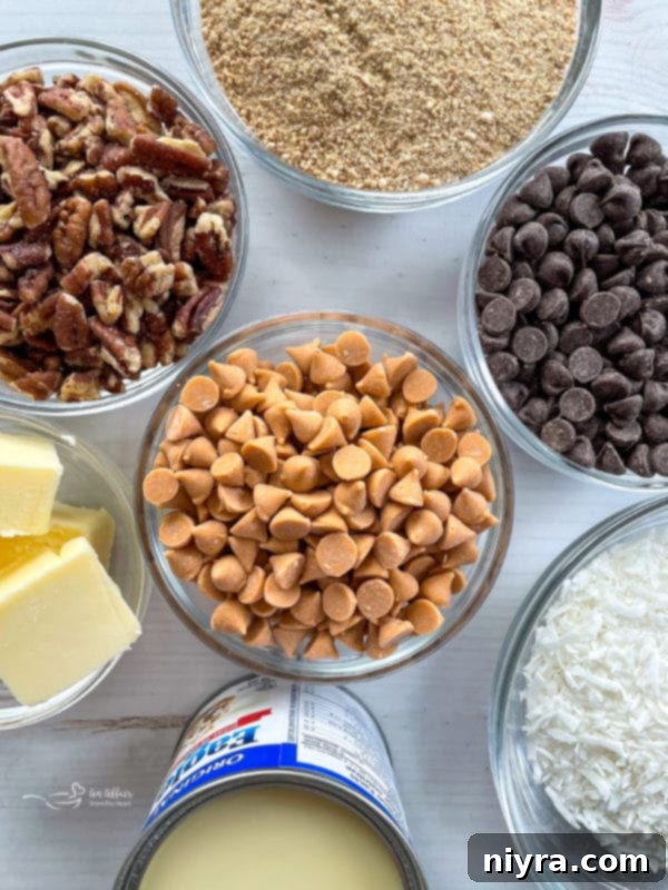 peanut butter chips, chocolate chips, pecans, butter, coconut, sweetened condensed milk, graham crackers