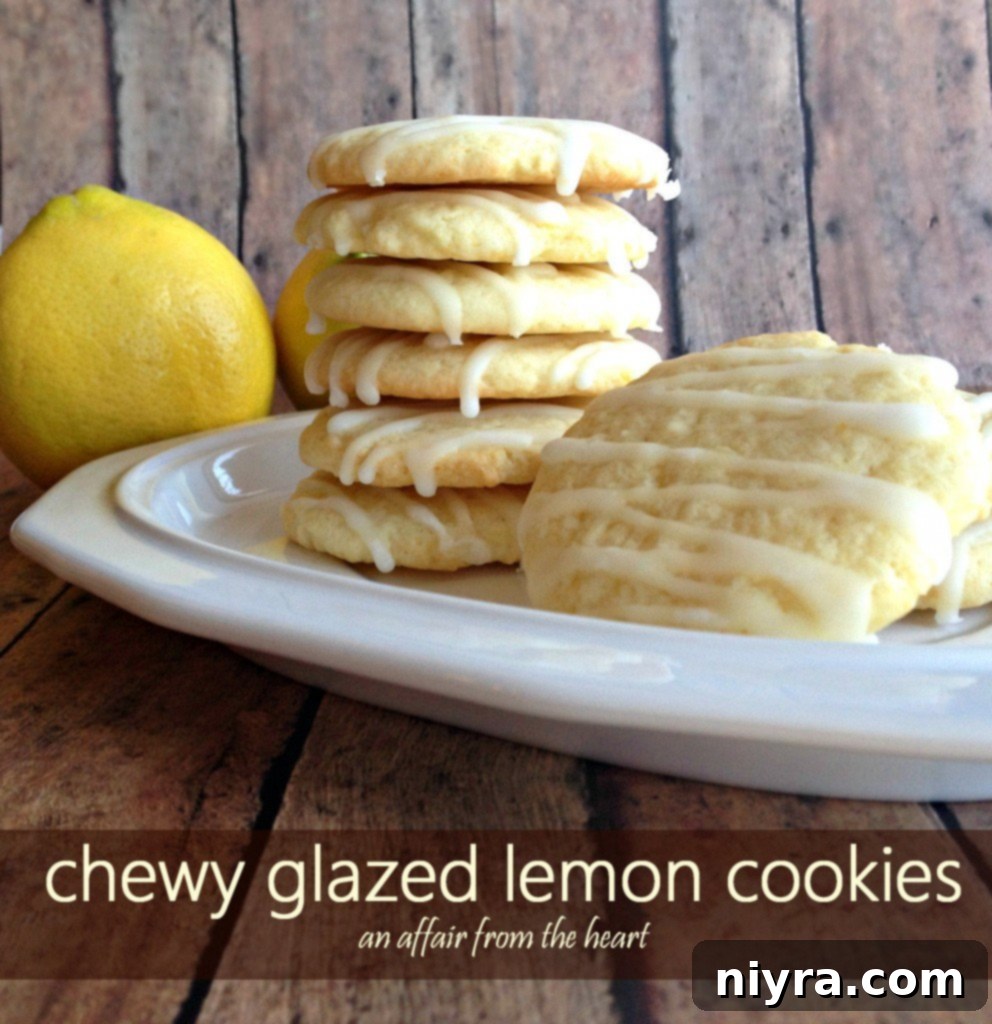 Stack of chewy glazed lemon cookies on a plate, ready to be enjoyed