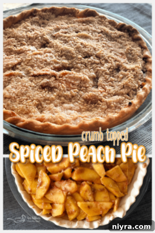 Spiced peach pie with crumb topping on a table