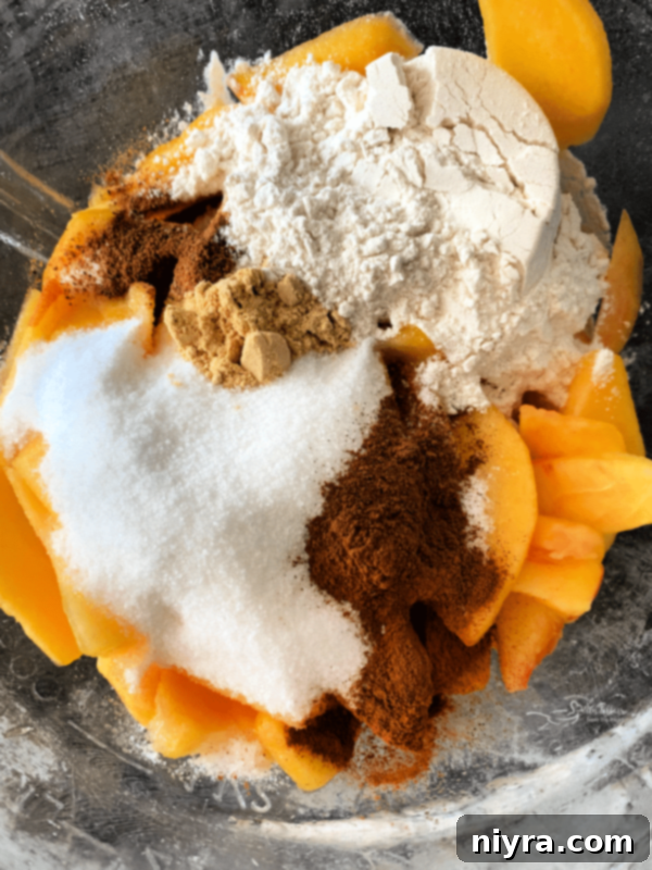 Mixing peach pie filling ingredients