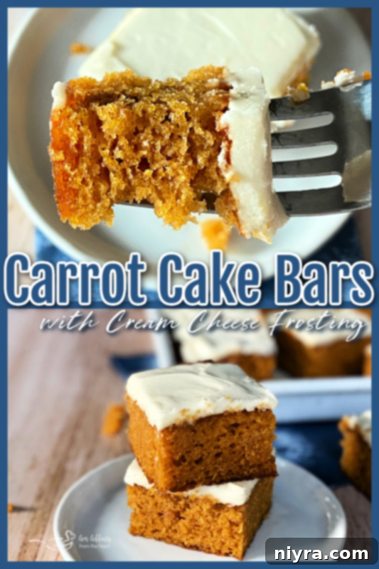two images of carrot cake bars with cream cheese frosting with text