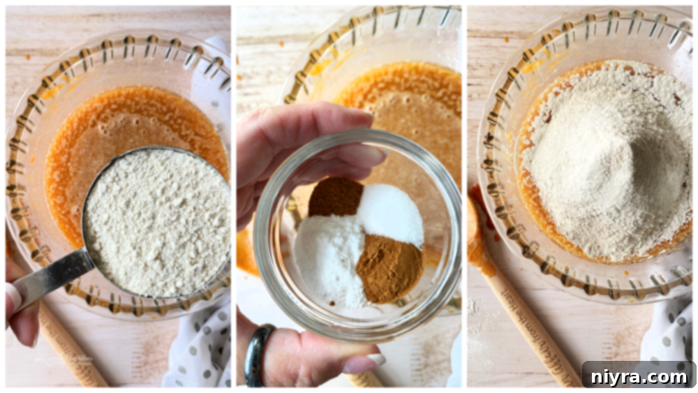 steps of making carrot cake and adding flour into batter
