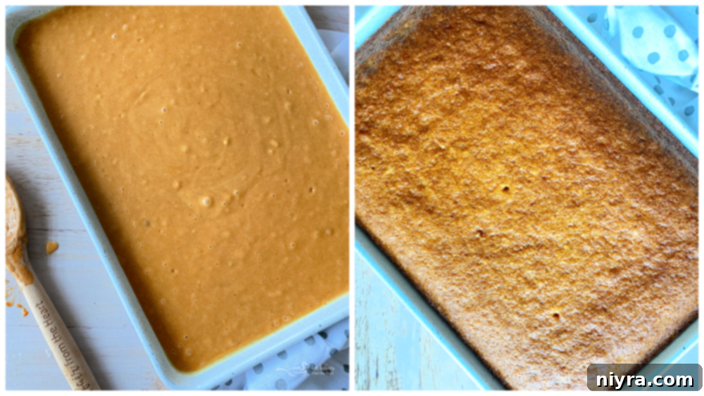 pouring cake batter in pan and then baked carrot cake