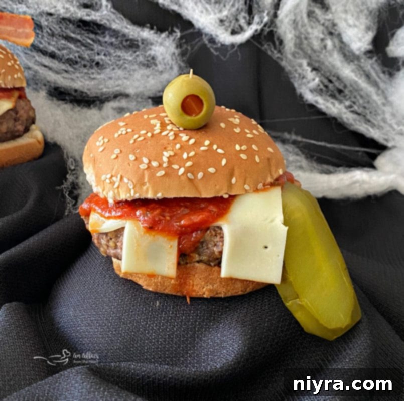 A creative assortment of Halloween monster burger ideas, showcasing diverse toppings and expressions.