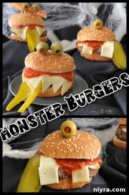 A variety of Halloween monster burger ideas to provide inspiration, artistically arranged on a wooden board.