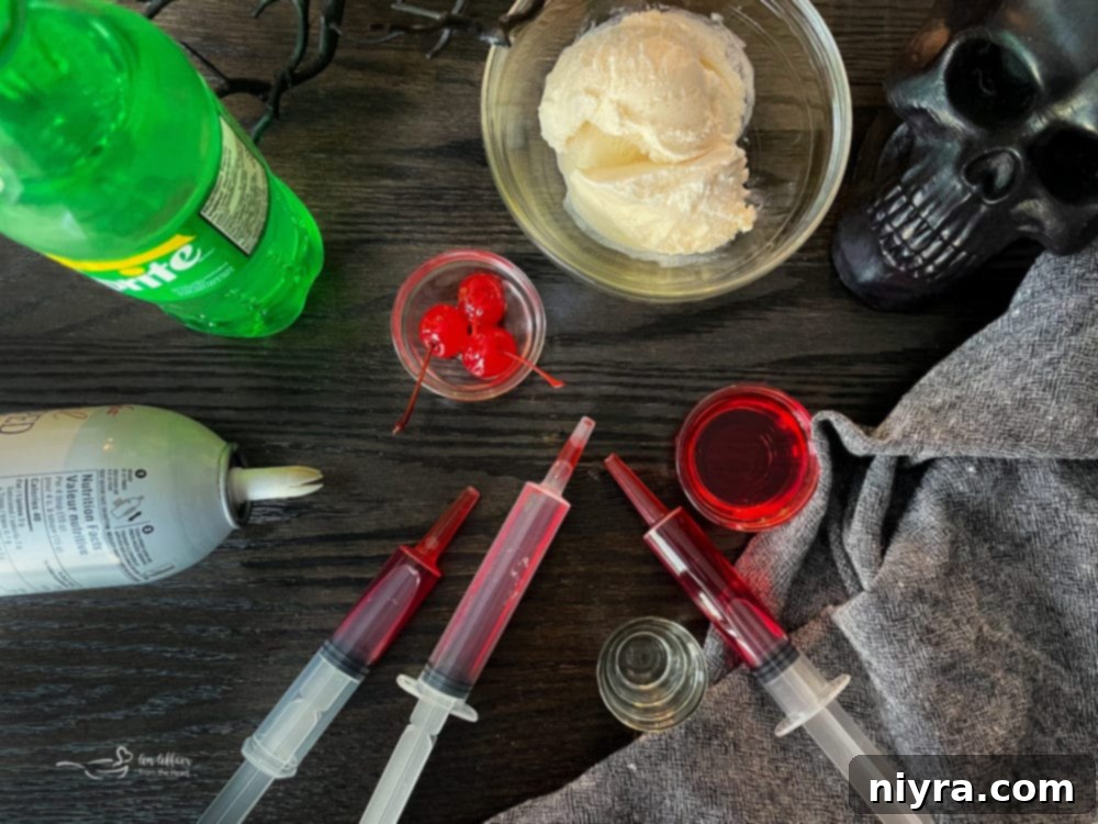 Dirty Shirley's Crimson Cloud 4 Ingredients laid out for a Bloody Dirty Shirley Float