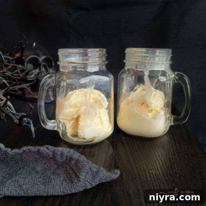 Dirty Shirley's Crimson Cloud 6 Mugs filled with vanilla ice cream, ready for the Bloody Dirty Shirley Float