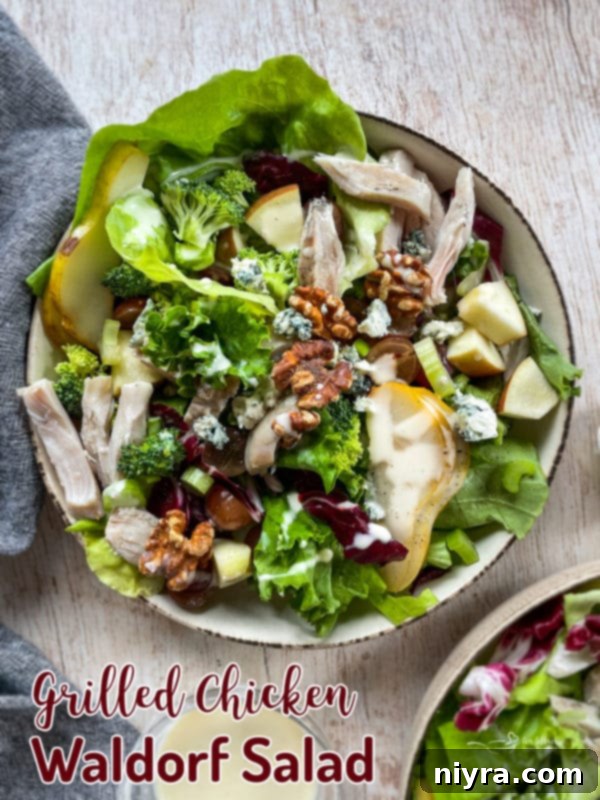Chicken Waldorf Salad Recipe Top view of Waldorf salad with chicken in a white bowl, garnished with walnuts and fruit