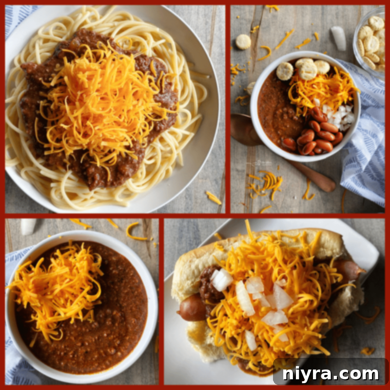 collage displaying various plating options for Cincinnati Chili