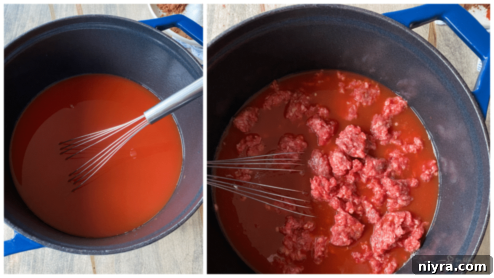 collage showing steps for cooking chili