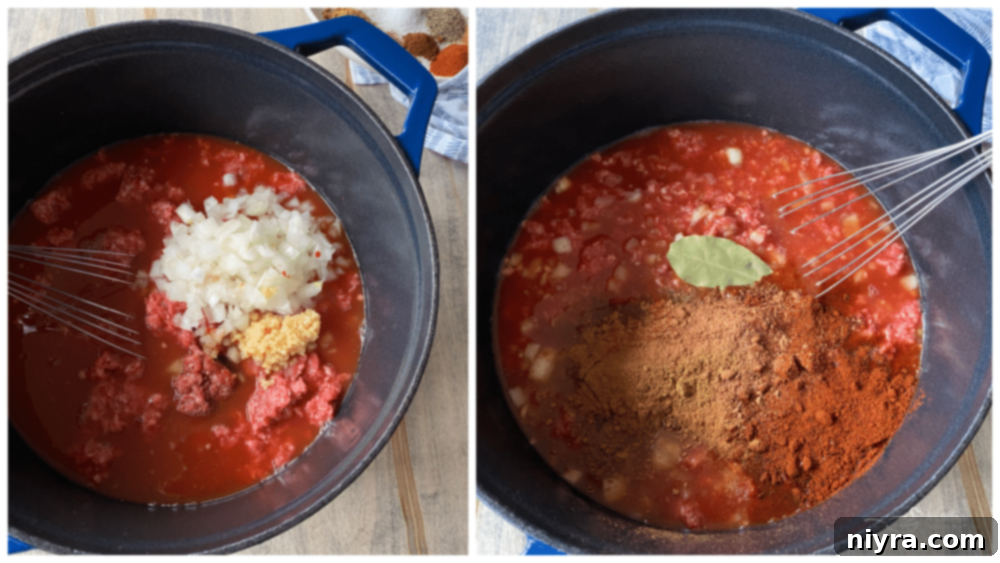 collage showing chili ingredients combining in a pot