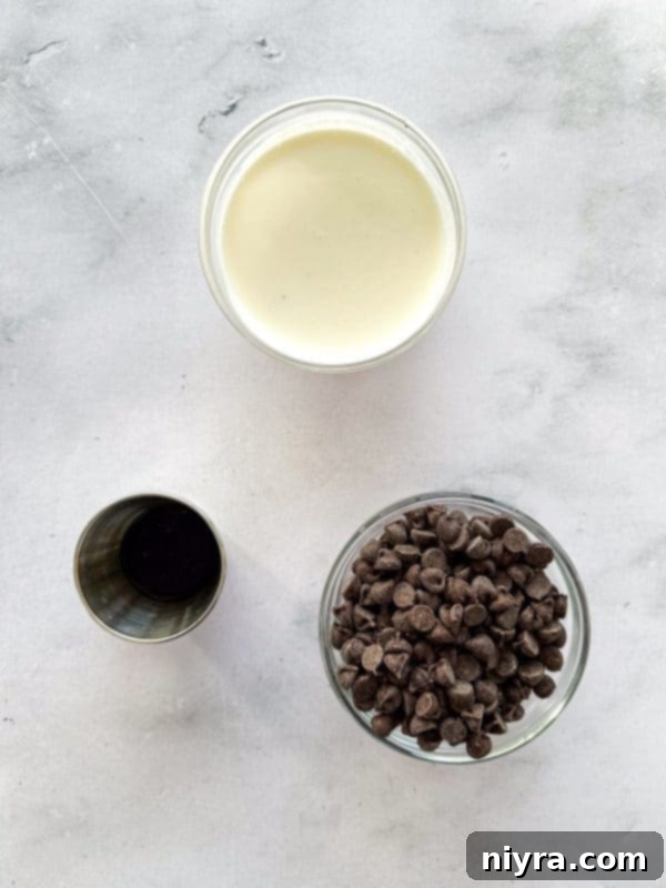 Delicious semi-sweet chocolate chips and heavy whipping cream, ready to be transformed into a luscious chocolate ganache.