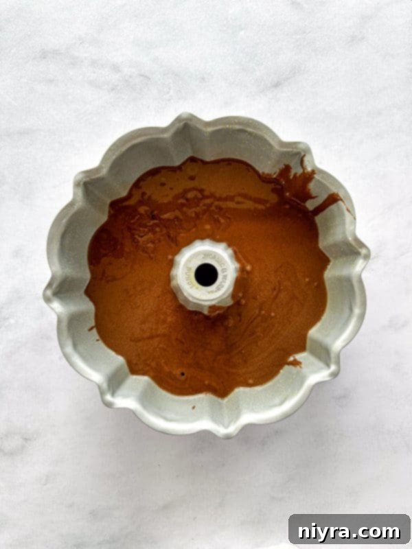 The luscious chocolate espresso cake batter, enriched with chocolate chunks, is ready to be poured into the bundt pan.