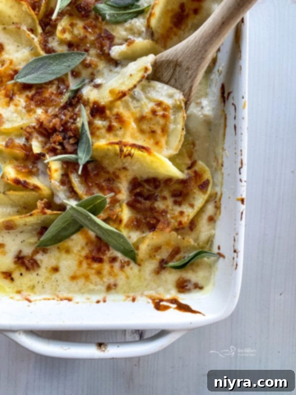 Potatoes au Gratin in a baking dish with a spoon, highlighting its cheesy layers.