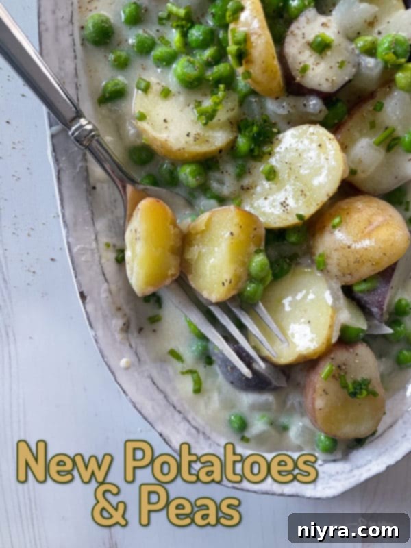 Top view of cooked potatoes and peas in a baking dish, generously covered with a rich white sauce, garnished with fresh chives.