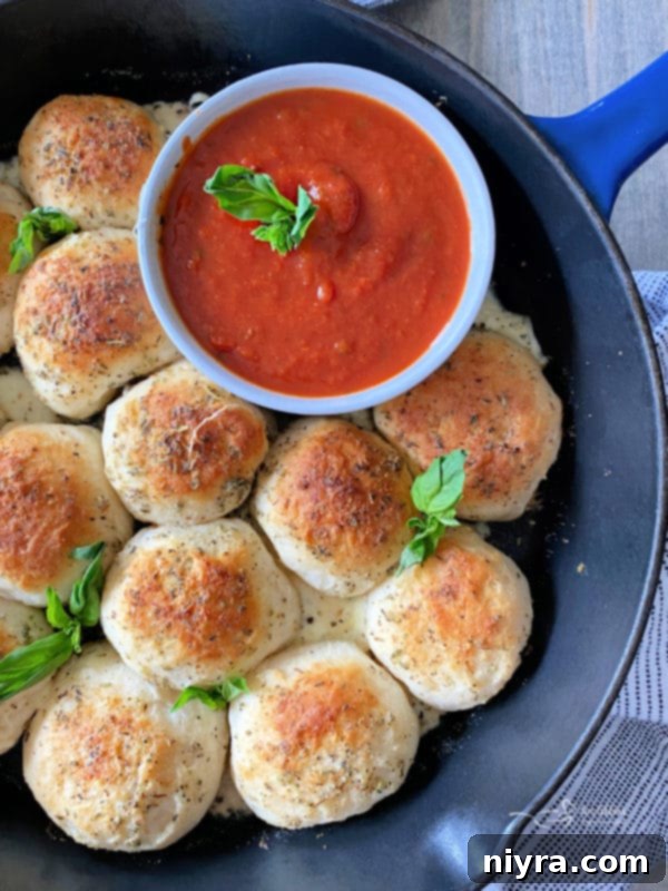 Italian Cheesy Bites 2 Golden Italian Cheese Bombs baked in a cast-iron skillet, ready to be served.