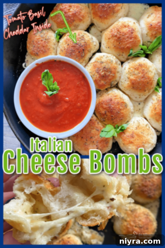 Italian Cheesy Bites 12 A festive spread featuring Italian Cheese Bombs in a cast-iron skillet with marinara.