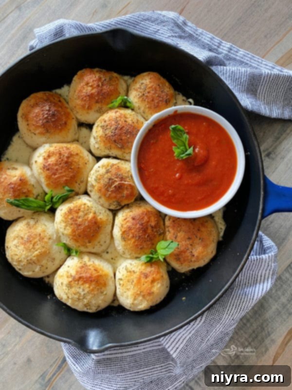 Italian Cheesy Bites 3 Warm Italian Cheese Bombs served in a cast-iron skillet with dipping sauce.