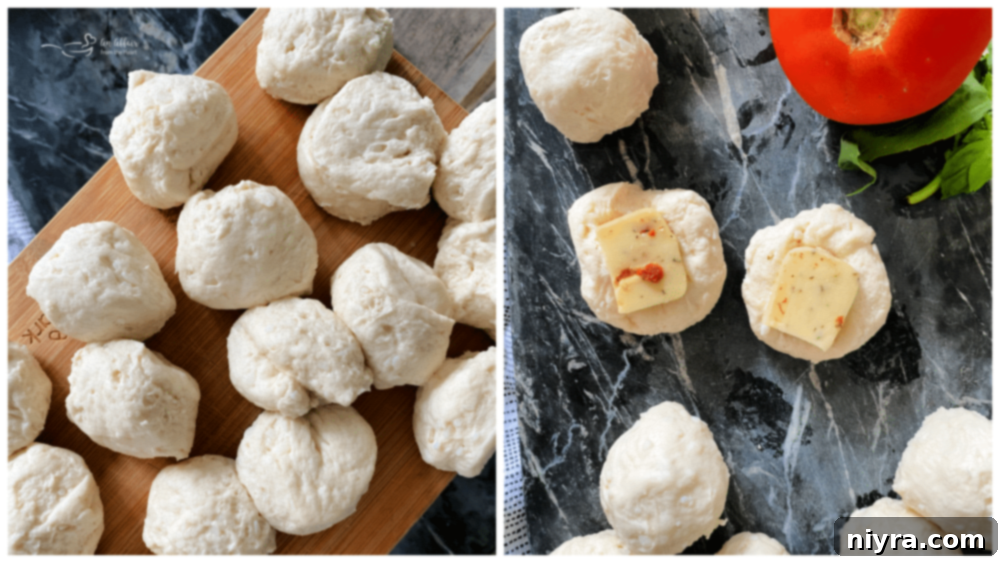 Italian Cheesy Bites 8 Step-by-step image showing cheese block being cut and biscuit dough being prepared.