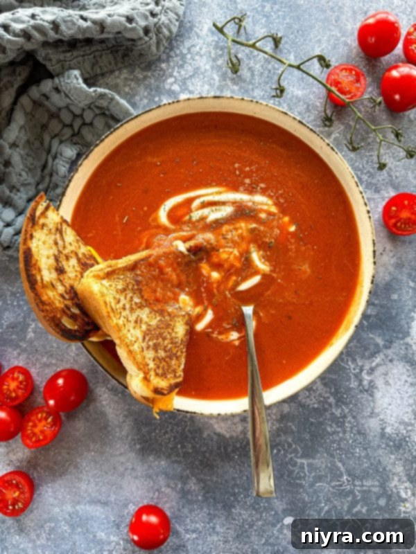 A bowl of creamy fire roasted tomato soup with a side of grilled cheese.