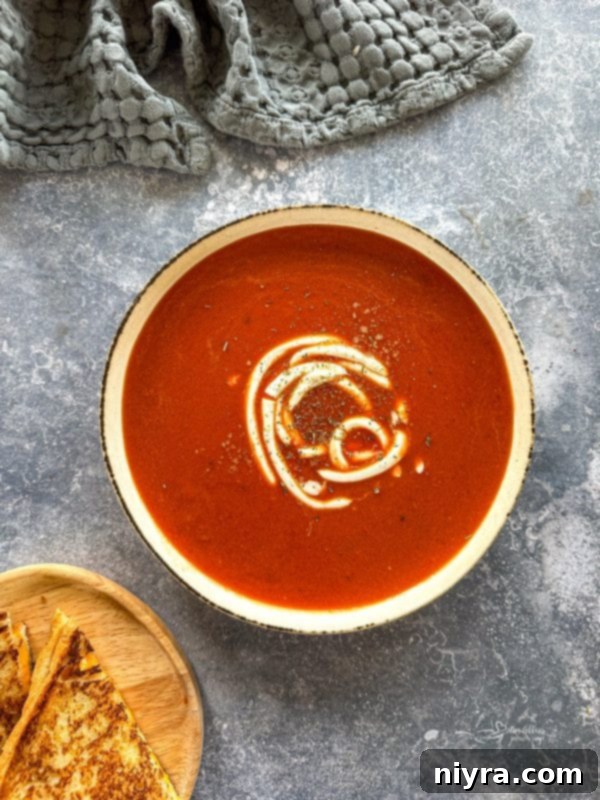 A hand garnishing a bowl of fire roasted tomato soup with tortilla strips and sour cream.