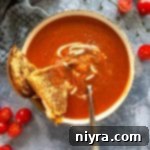 Fire Roasted Tomato soup with a grilled cheese sandwich halved and a spoon in a white bowl.