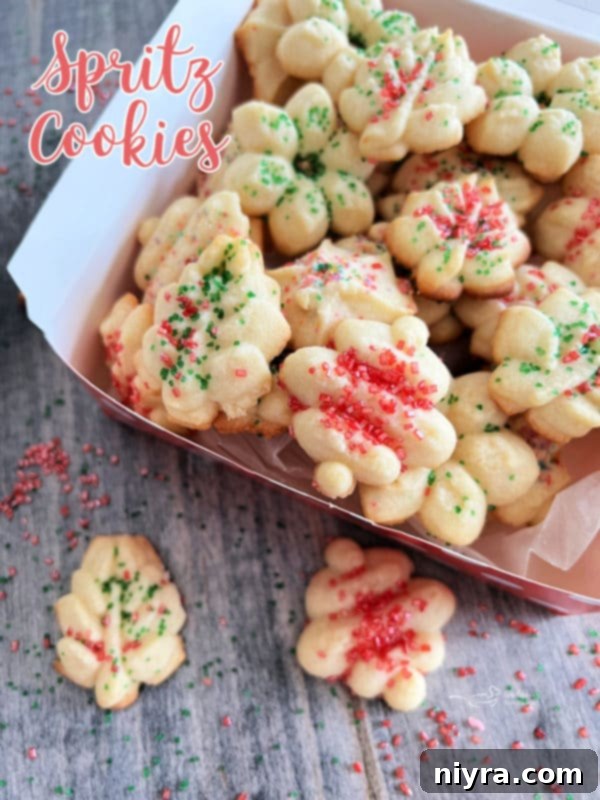 one box filled with spritz cookies with text