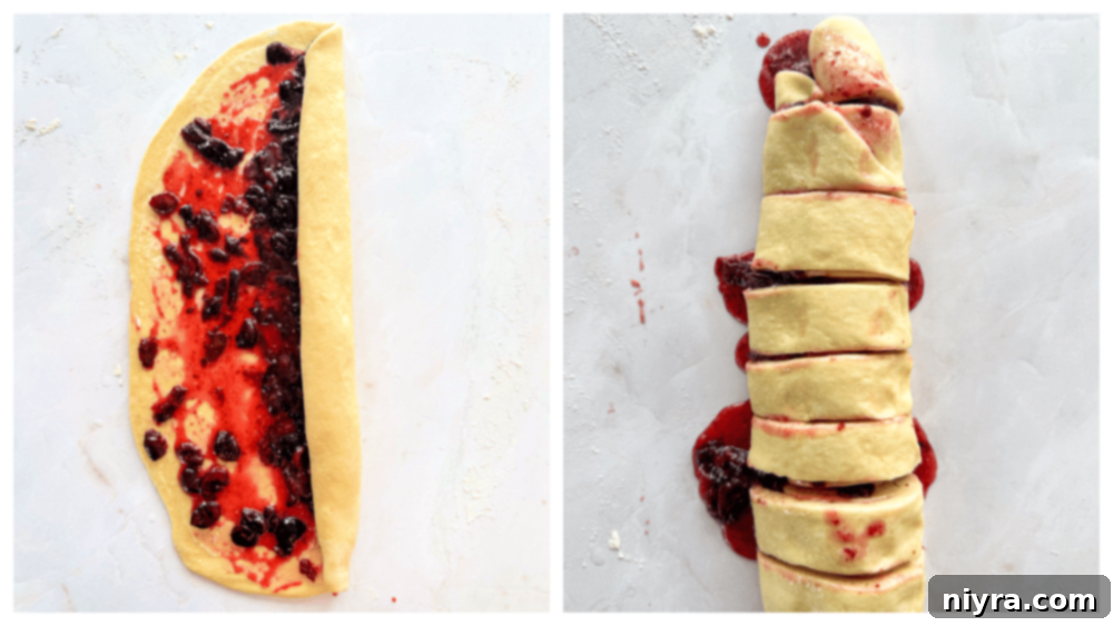 Zesty Cherry Limeade Sweet Rolls 13 The rolled dough with cherry filling, ready to be sliced into individual rolls.