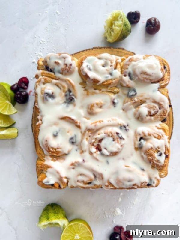 Zesty Cherry Limeade Sweet Rolls 16 Delicious Cherry Limeade Sweet Rolls, freshly iced and ready to be served.