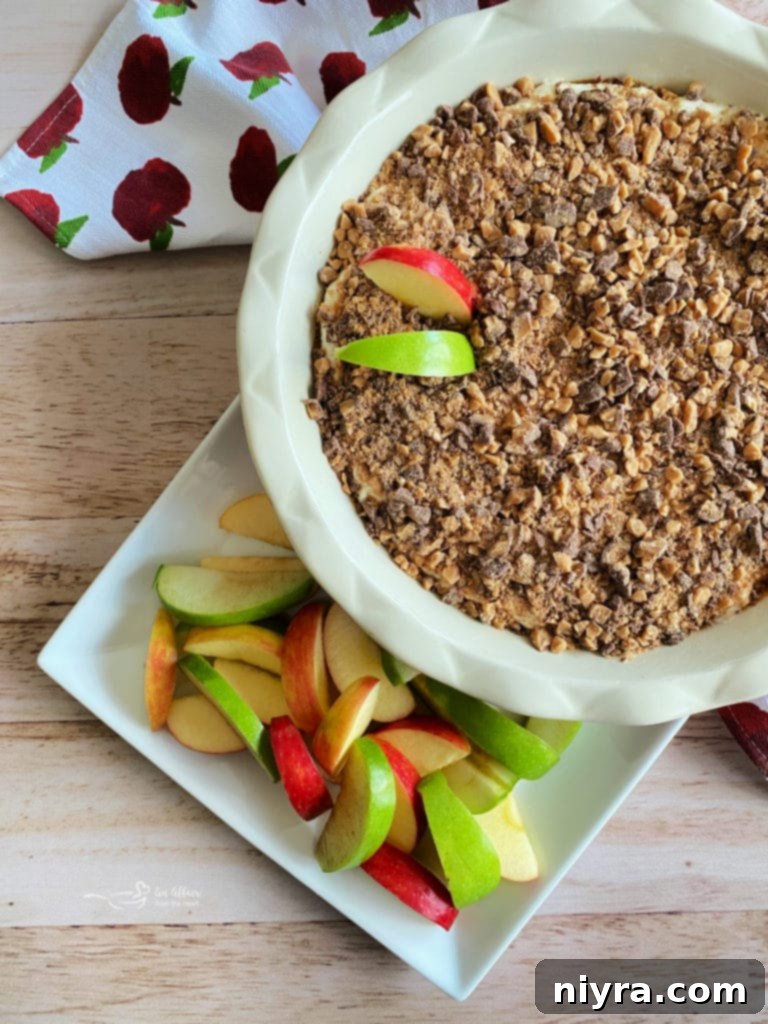 Serving of Caramel Apple Dip with apple slices and pretzels