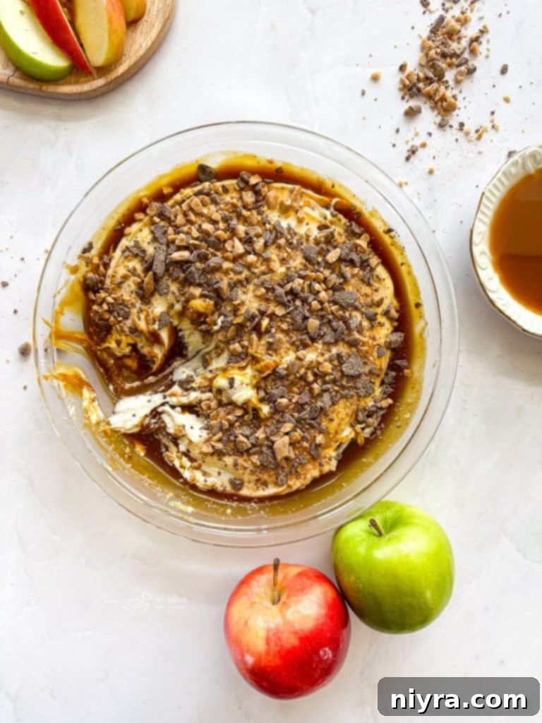 Ingredients for Caramel Apple Dip: whipped cream cheese, marshmallow fluff, caramel dip, Heath bits