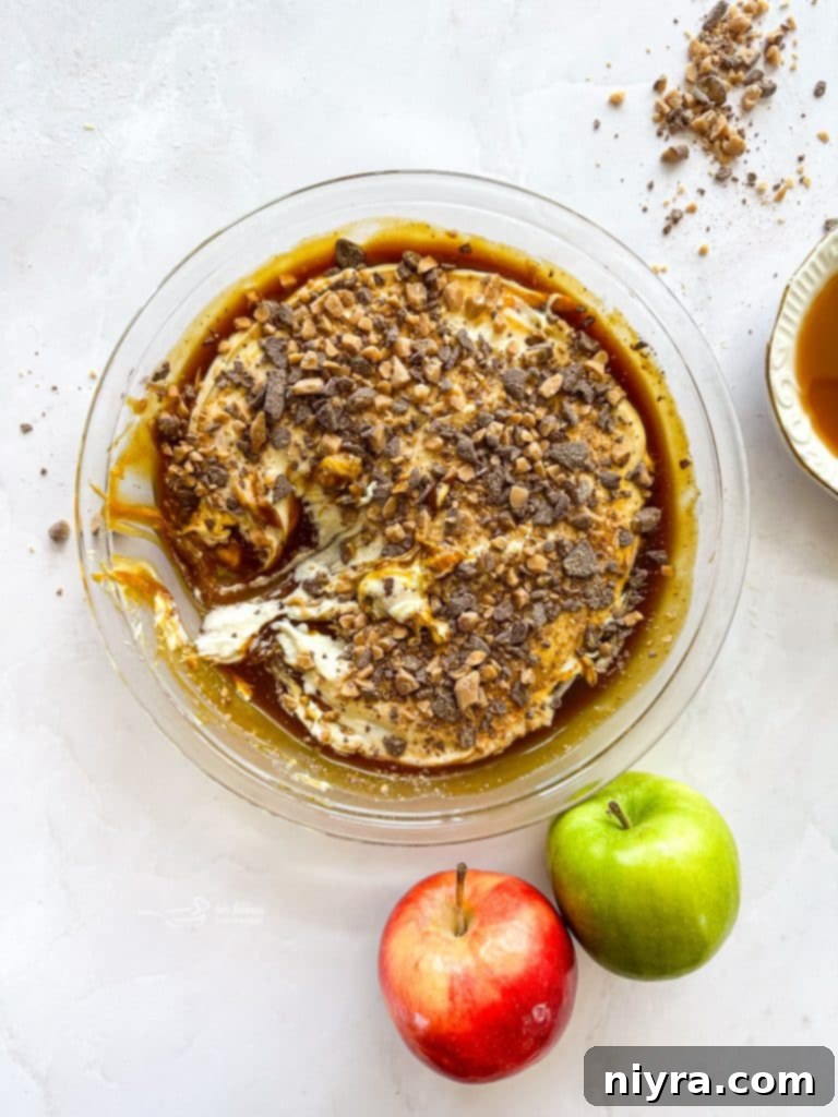 Finished Caramel Apple Dip with Heath bits sprinkled on top