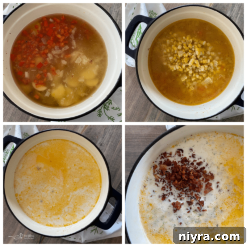 Potatoes, red bell pepper, and chicken stock simmering in a Dutch oven