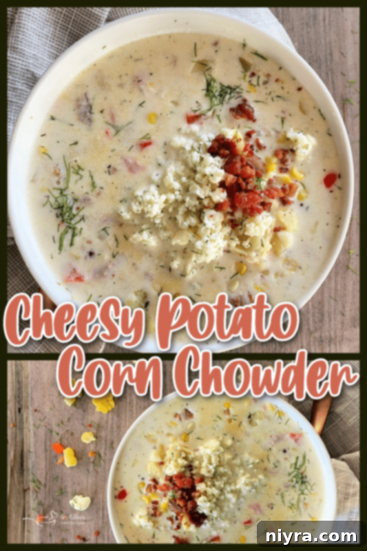 A bowl of Cheesy Potato Corn Chowder ready to be served