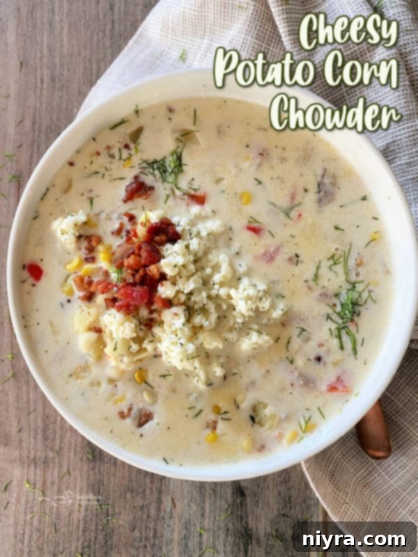 A final close-up of the Cheesy Potato Corn Chowder, inviting you to cook