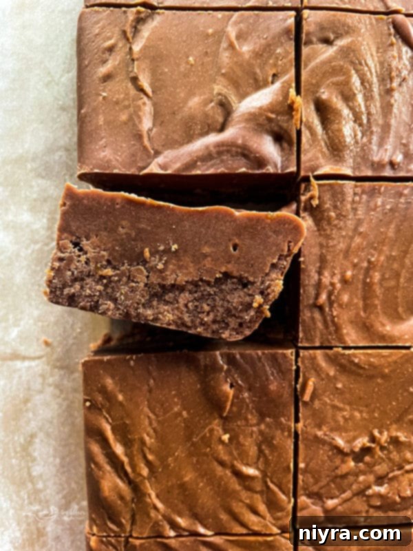 A close-up, top-down view of numerous cut chocolate orange fudge squares, highlighting their smooth, dense texture and readiness for enjoyment or packaging.